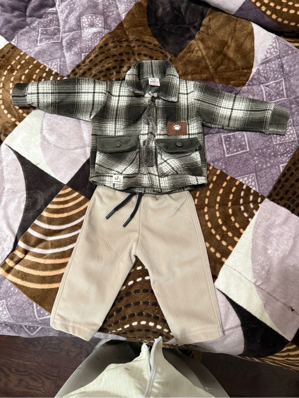 Kids Two-Piece Beige & Olive Plaid Matching Set